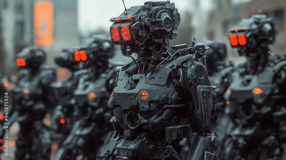 Fototapeta premium Cyberpunk military army robot squad with future advanced technology modern humanoid background wallpaper AI generated image