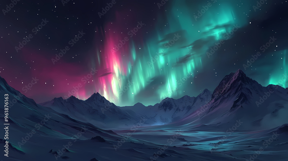 Aurora borealis over in the dark night sky with snowy mountains. Aurora ...