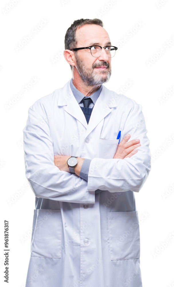 Middle age senior hoary professional man wearing white coat over isolated background smiling looking side and staring away thinking. Middle age senior hoary professional man wearing white coat over isolated background smiling looking side and staring away thinking.