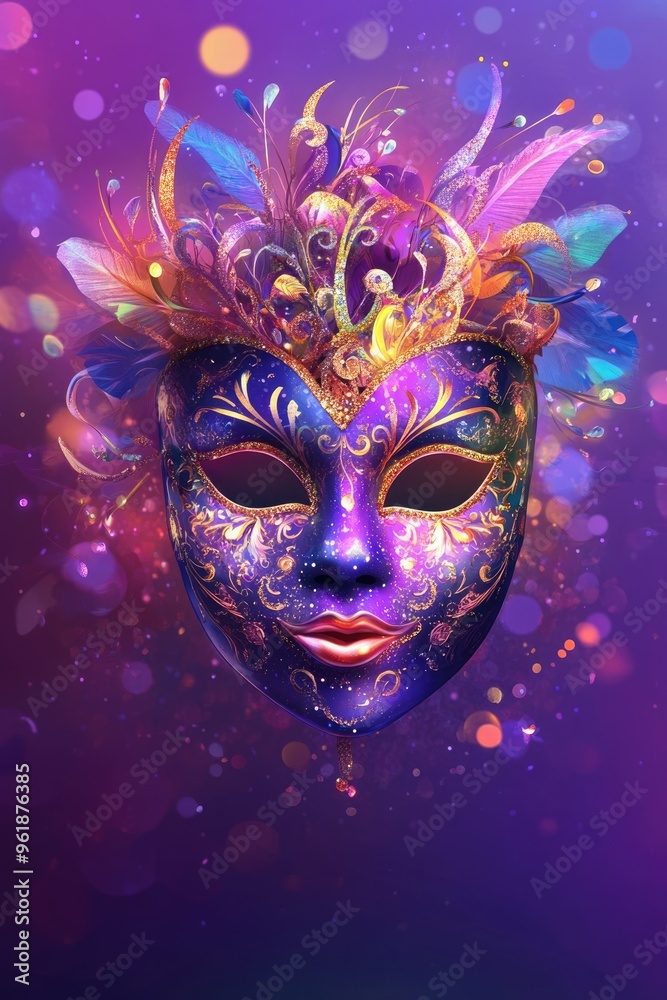 Face Mask Flyer. Carnival Party Template Design with Realistic Mask Illustration on Purple Bokeh Background Face Mask Flyer. Carnival Party Template Design with Realistic Mask Illustration on Purple Bokeh Background