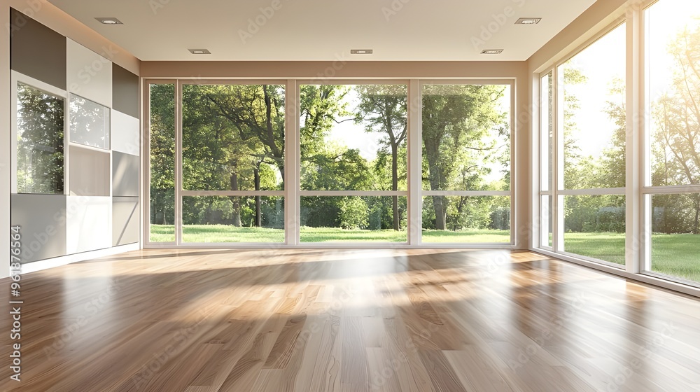 Fototapeta premium A spacious, unfurnished dining room with a large window and hardwood floors, ideal for creating a warm, family-centered space.