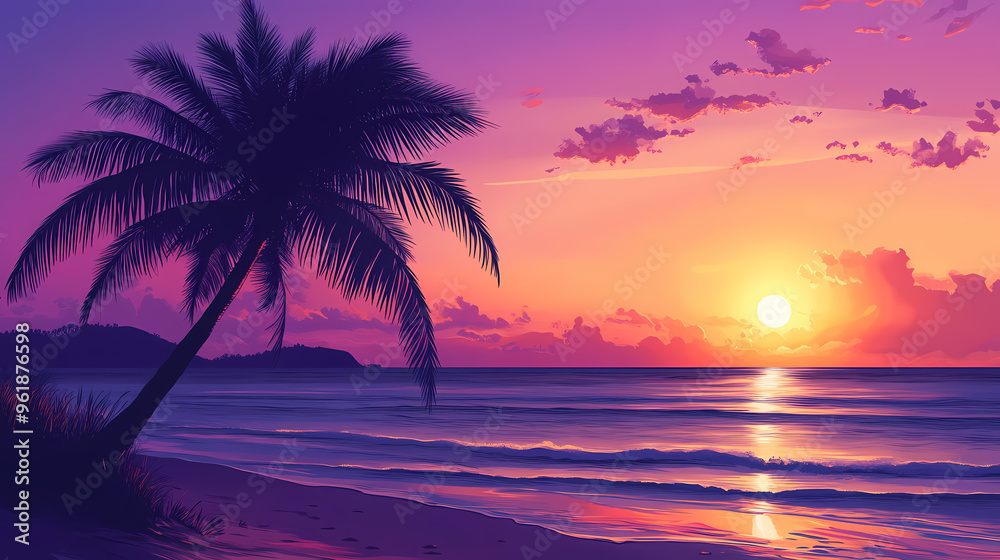 Beautiful silhouette of tropical beach with palm tree with sunset sky background. generated ai image. Sunset Beach. Illustration Beautiful silhouette of tropical beach with palm tree with sunset sky background. generated ai image. Sunset Beach. Illustration
