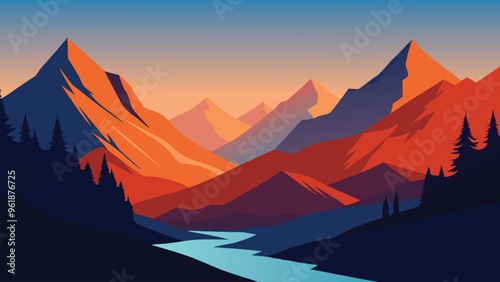  A stunning valley landscape towering mountains, highlighting the tranquility and grandeur of the natural scenery flat vector illustration