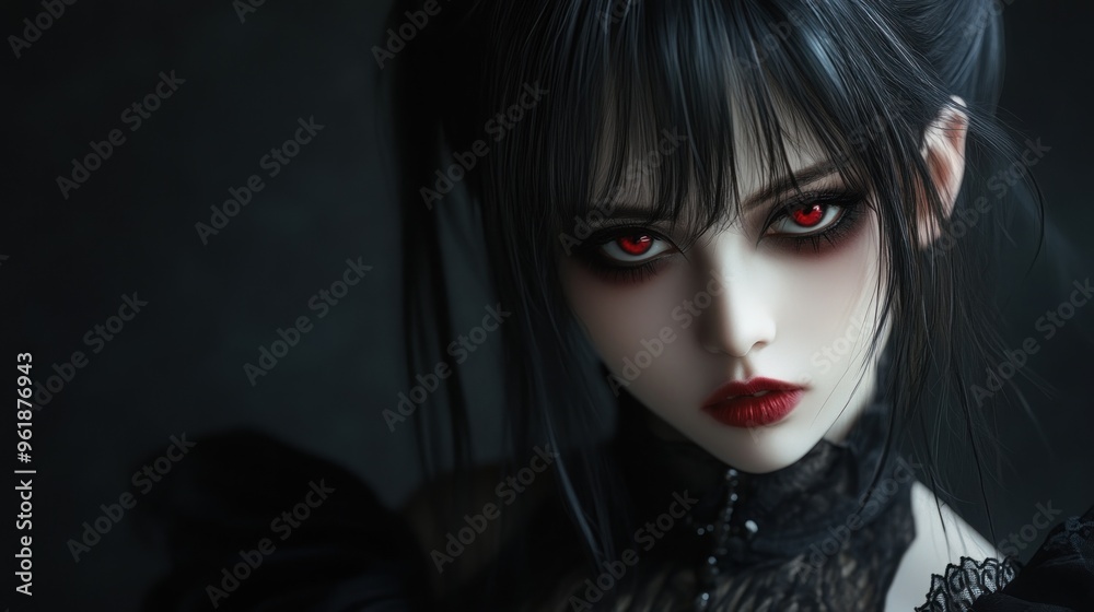 Naklejka premium Character girl asian cute model black gothic make up halloween theme background wallpaper AI generated image