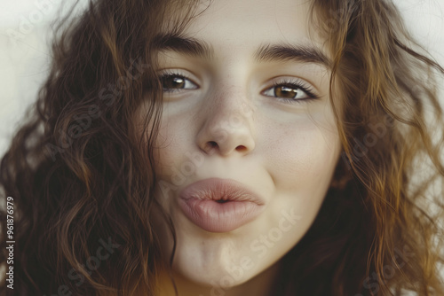 Beautiful girl with brown curly hair.