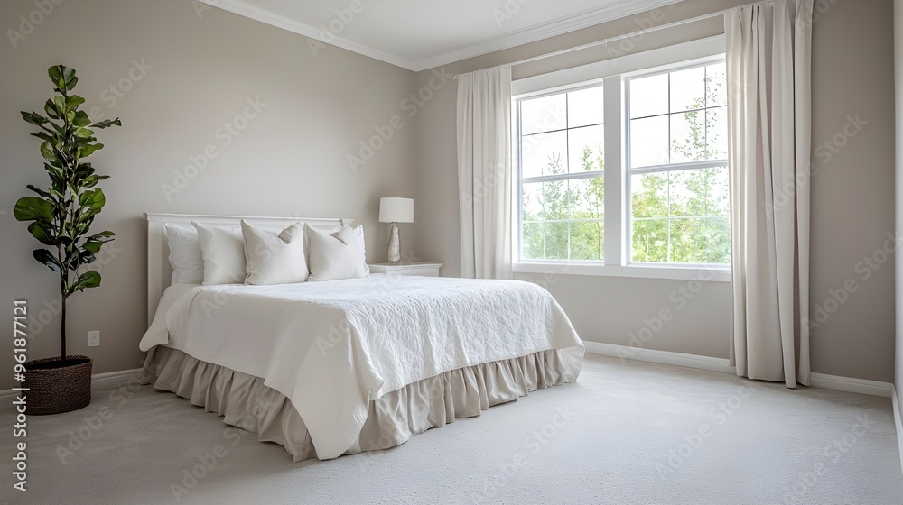 Fototapeta premium A clean and empty bedroom with a large window, soft carpet, and neutral-colored walls, ready to be personalized.