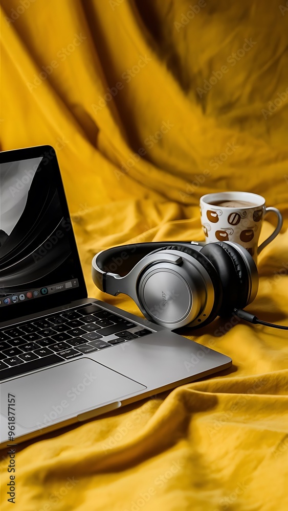 Laptop with earphones and coffee cup on yellow background Laptop with earphones and coffee cup on yellow background