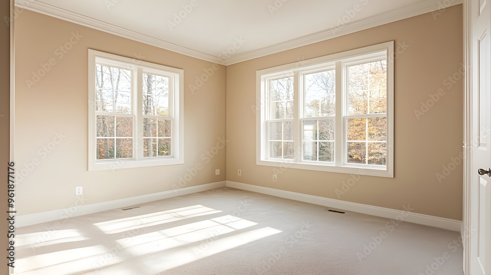 Obraz premium A clean and empty bedroom with a large window, soft carpet, and neutral-colored walls, ready to be personalized.