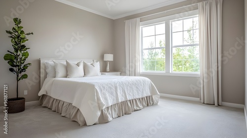 A clean and empty bedroom with a large window, soft carpet, and neutral-colored walls, ready to be personalized.