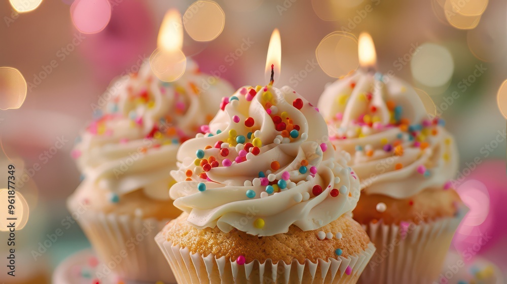 Birthday cupcakes adorned with festive toppings