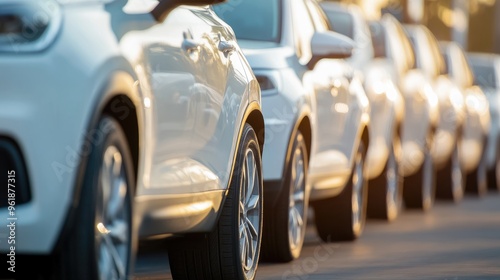 Lining Up Cars. White Vehicles in a Row on Asphalt Street. Transportation Industry Concept