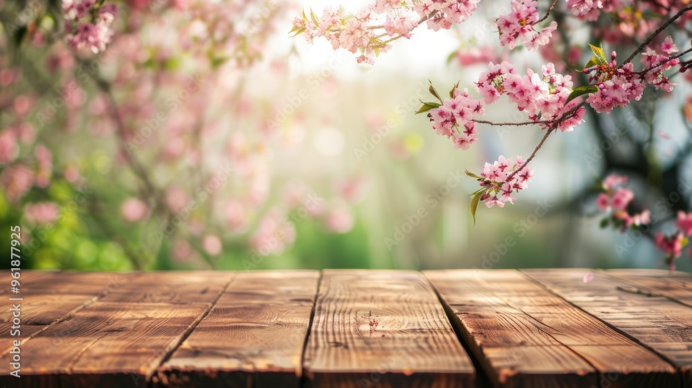Wooden table showcasing spring blossom tree landscape. Wooden table showcasing spring blossom tree landscape.