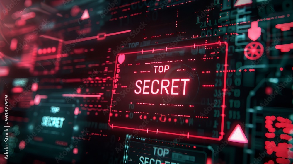Top Secret Digital Document on Computer Screen with Red Warning, Cybersecurity Risk and Encryption Protection, Private Network Breach and Malware Alert Top Secret Digital Document on Computer Screen with Red Warning, Cybersecurity Risk and Encryption Protection, Private Network Breach and Malware Alert