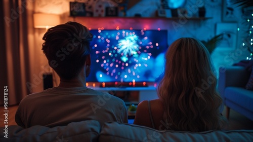 Wallpaper Mural Cozy evening at home: couple enjoying spectacular fireworks display on TV, creating a romantic atmosphere with soft lighting and comfortable seating. Torontodigital.ca