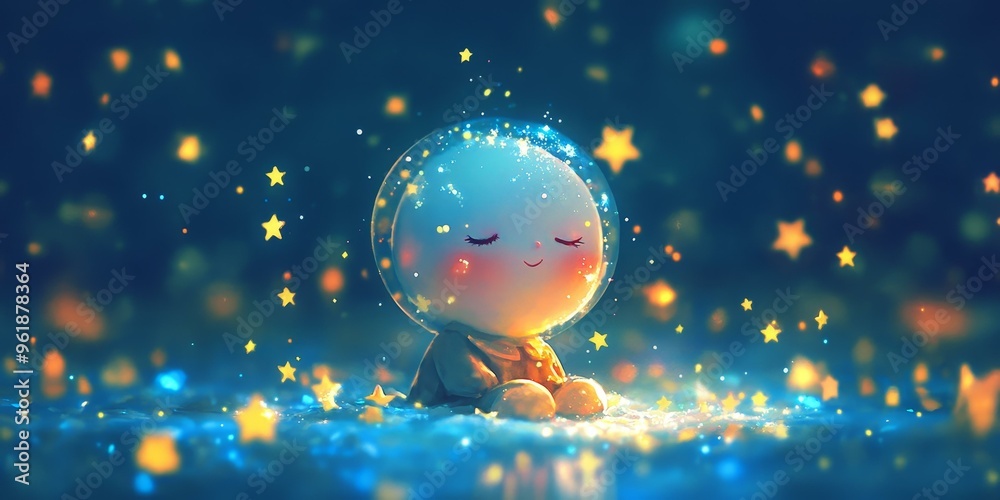 Fototapeta premium Smiling character in a bubble with stars.