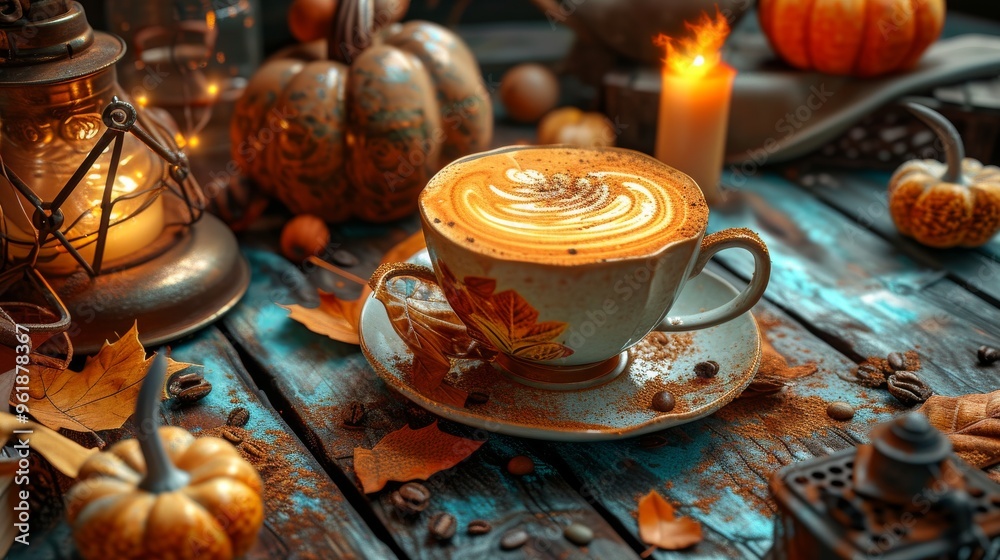 A beautifully crafted autumn latte in a ceramic cup, showcasing latte art, set on a rustic wooden table. The scene is enriched with pumpkins, candles, and autumn leaves, creating a warm, festive A beautifully crafted autumn latte in a ceramic cup, showcasing latte art, set on a rustic wooden table. The scene is enriched with pumpkins, candles, and autumn leaves, creating a warm, festive