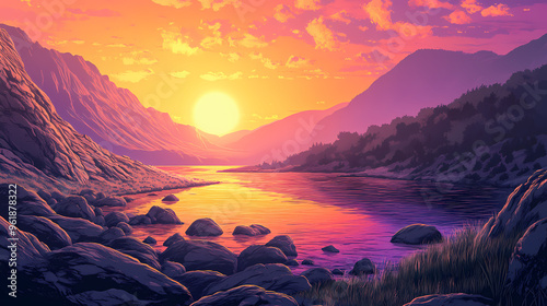 Ai generated illustration of rocky hills on the bank of a river at sunset. Rolling Hills. Illustration photo