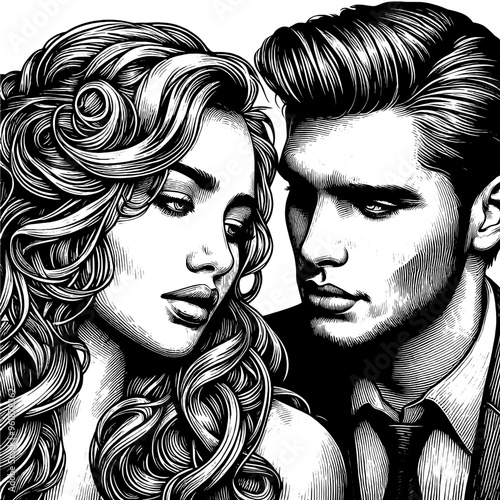 Romantic couple embracing in a detailed black and white illustration. Vector, generative ai.