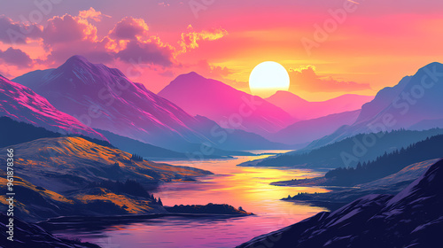 Ai generated illustration of rocky hills on the bank of a river at sunset. Rolling Hills. Illustration photo