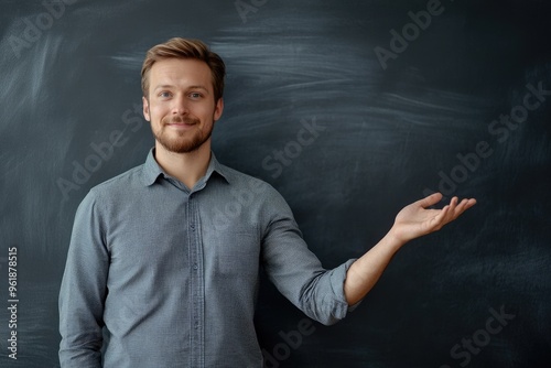 Teacher Showing Objects. Handsome Young Man Demonstrating Something on Blackboard