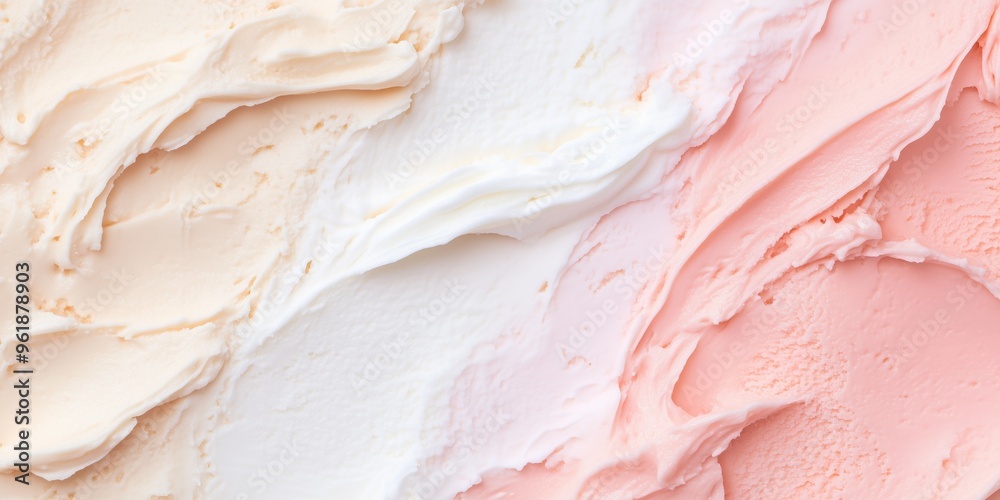 Closeup of creamy tricolor ice cream texture white, beige pink. Full frame background texture with overhead view of striped ice cream in pastel colors. Copy space for summer, ad, cover, cooking blog Closeup of creamy tricolor ice cream texture white, beige pink. Full frame background texture with overhead view of striped ice cream in pastel colors. Copy space for summer, ad, cover, cooking blog