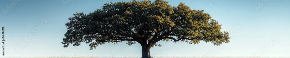 Fototapeta premium A lone oak tree, strong trunk, widespread branches, minimalistic style, isolated on white background