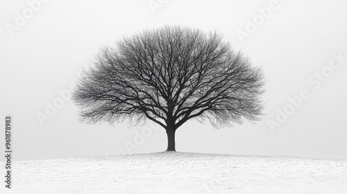 A bare winter tree, intricate branch pattern, no leaves, stark minimalism, isolated on white background