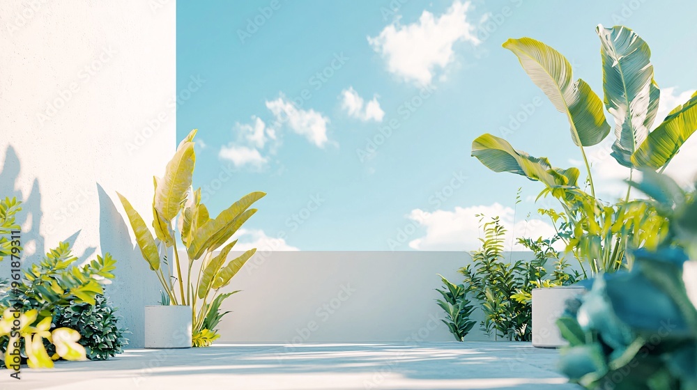 Tropical Plants on a White Balcony with a Blue Sky Tropical Plants on a White Balcony with a Blue Sky
