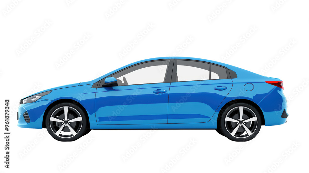 Obraz premium A sleek blue sedan car, viewed from the side, stands out against a neutral background, showcasing its modern design and sporty features. Its polished exterior reflects confidence and style. 