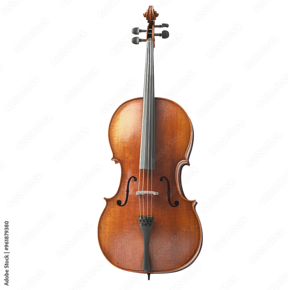 Fototapeta premium A beautifully crafted cello, its rich, brown wood gleaming under the light, stands ready to fill the silence with its sonorous voice. Its elegant curves and polished surface speak of craftsmanship and