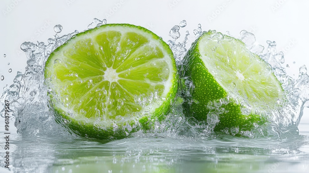 A lime wedge splashing into sparkling water, vibrant green, effervescent bubbles, isolated on white background A lime wedge splashing into sparkling water, vibrant green, effervescent bubbles, isolated on white background