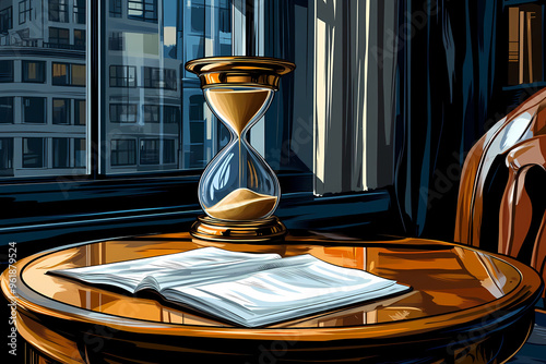 An antique hourglass with sand on a black table, illustration. 
