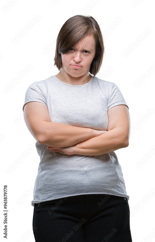 Young adult woman with down syndrome over isolated background skeptic and nervous, disapproving expression on face with crossed arms. Negative person. Young adult woman with down syndrome over isolated background skeptic and nervous, disapproving expression on face with crossed arms. Negative person.