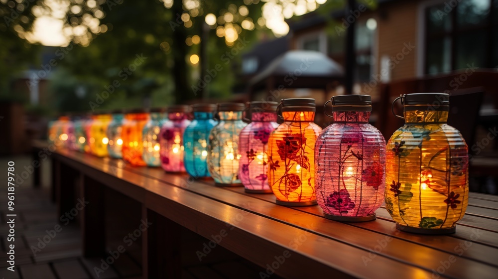 colorful lanterns on wooden table at summer party. colorful lanterns on wooden table at summer party.