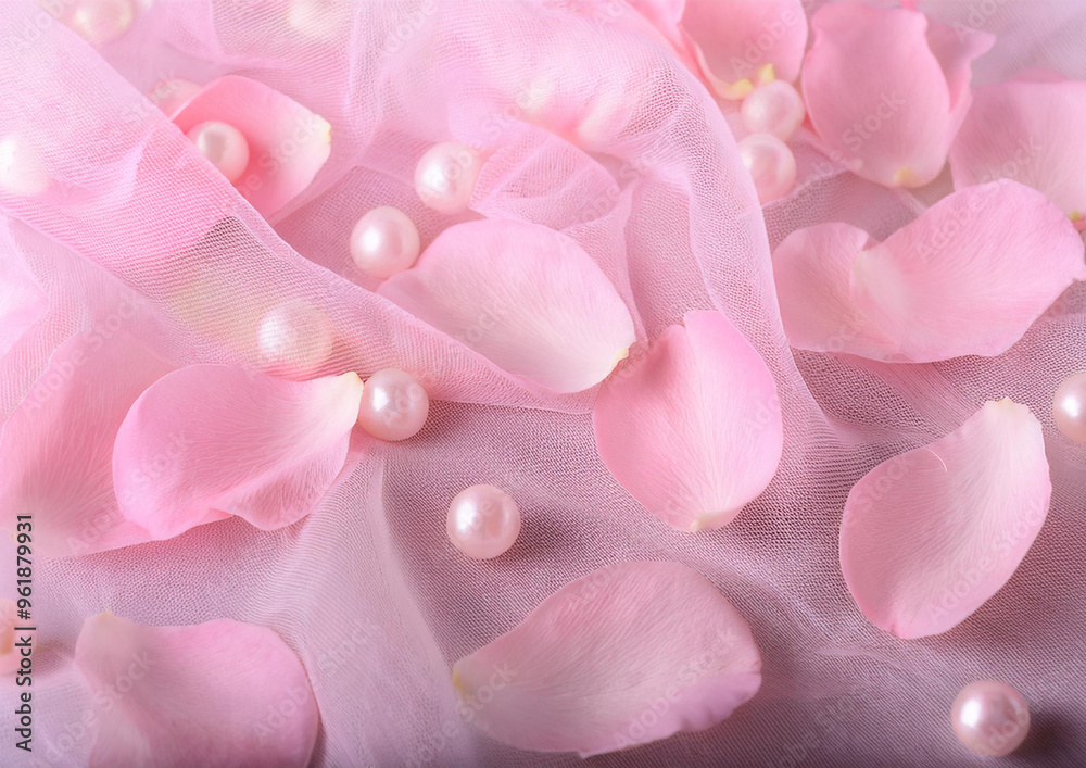 Fototapeta premium ピンク色の花びらとオーガンジーのイメージ背景