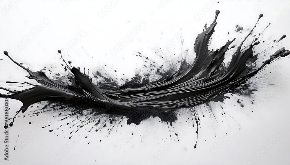  A dynamic black ink brush stroke with splashes on a white background. _1(26)
