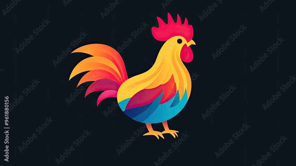 Fototapeta premium A rooster icon with vibrant plumage, symbolizing poultry farming and rural life.