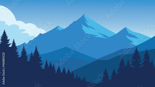 Foggy winter scene in the mountain forest. Retro style flat vector illustration.