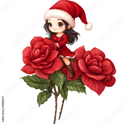 A super cute santy girl riding Eustoma flower bloomstick clipart, watercolor clipart, isolated on white background. photo