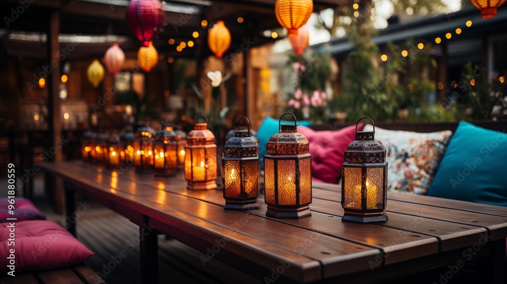 colorful lanterns on wooden table at summer party. colorful lanterns on wooden table at summer party.