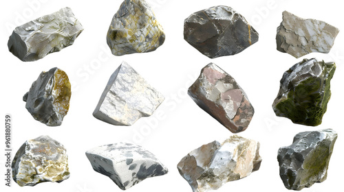 Array of Cutout Natural Stones in Various Shapes - 3D Render PNG for Graphic Designs and Art Projects