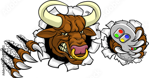 A bull or Minotaur monster longhorn cow angry mean video game gamer mascot cartoon character.
