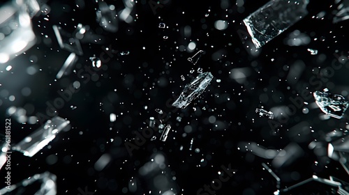 Shattered Glass Fragments Falling on Black Background