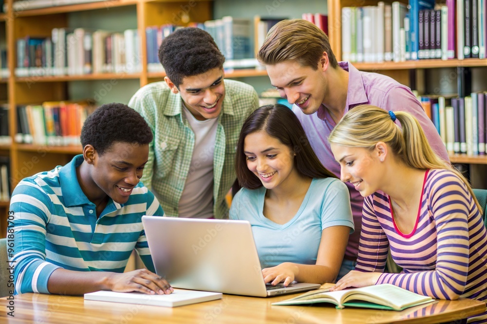 Diverse group of students studying together in library with laptops and books Diverse group of students studying together in library with laptops and books