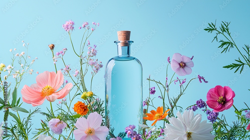 Glass bottle with floral essence surrounded by blooming flowers on a blue background Glass bottle with floral essence surrounded by blooming flowers on a blue background