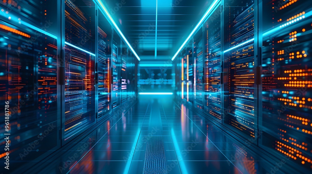 Modern Server Room with Blue and Orange Lights Modern Server Room with Blue and Orange Lights