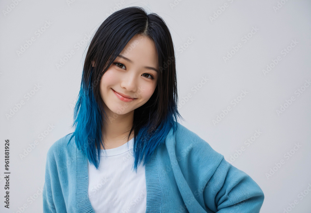 portrait of beautiful woman with long blue hair, wearing light blue sweater portrait of beautiful woman with long blue hair, wearing light blue sweater