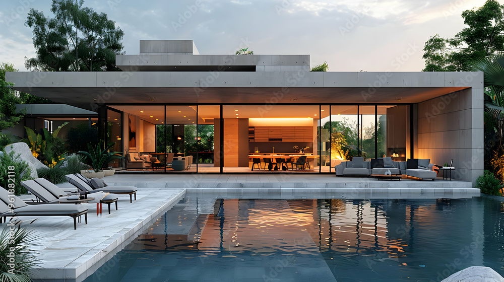Fototapeta premium Modern House with Swimming Pool and Lush Greenery - 3D Illustration
