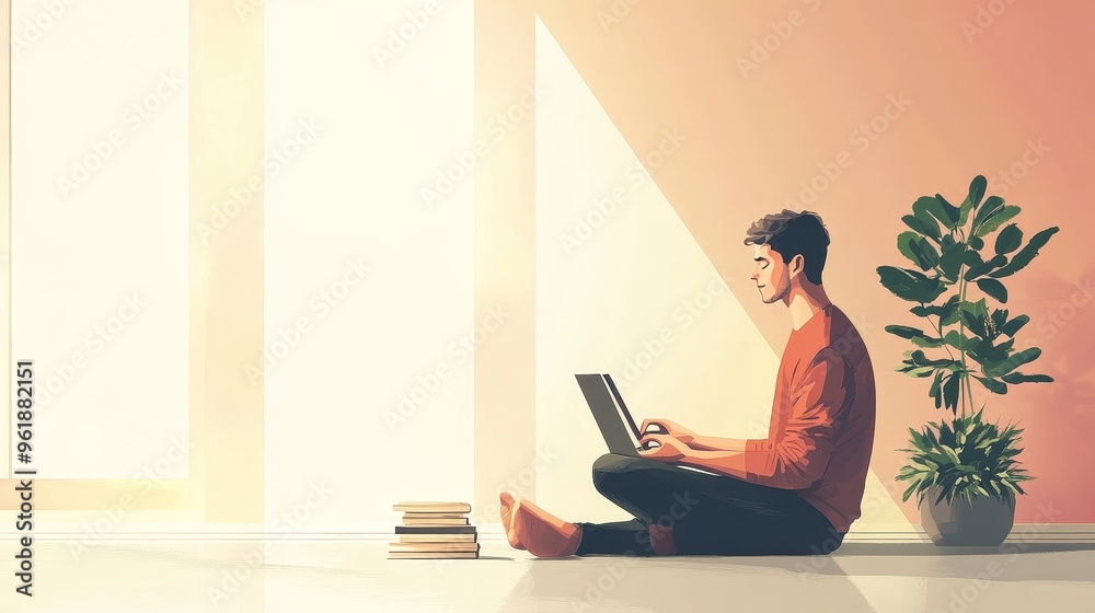 A man sits on the floor typing a message on his laptop, while reading a book and meditating. This image represents the concept of work and life balance. A man sits on the floor typing a message on his laptop, while reading a book and meditating. This image represents the concept of work and life balance.