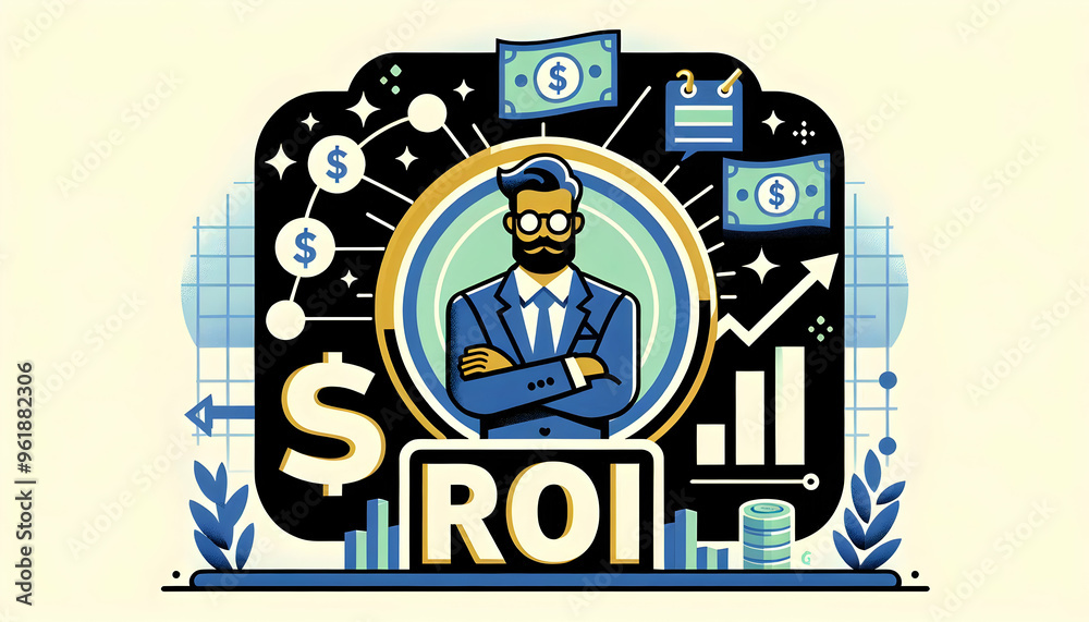 Dynamic Flat Dollar Sign and Graph Border Frame with 'ROI Focus' Text - Smart Business Concept for Marketing Content and Return on Investment Strategy Dynamic Flat Dollar Sign and Graph Border Frame with 'ROI Focus' Text - Smart Business Concept for Marketing Content and Return on Investment Strategy